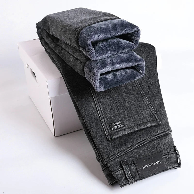 Men’s Winter Fleece-Lined Jeans – Thick Warm Slim Straight Elastic Denim Pants