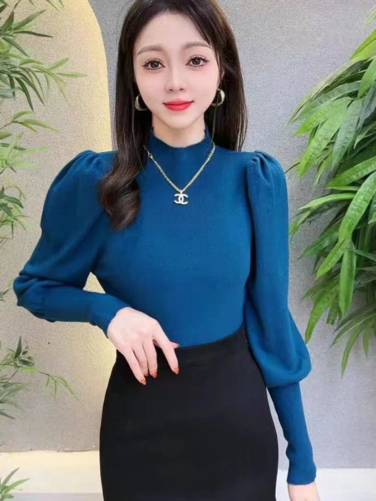 Women’s Puff Sleeve Turtleneck Slim Fit Sweater