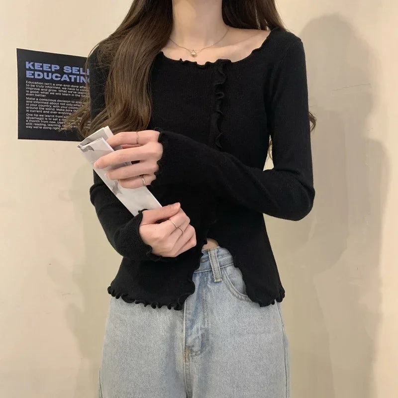 Women’s Slim Fit Lettuce-Edge Knit Sweater