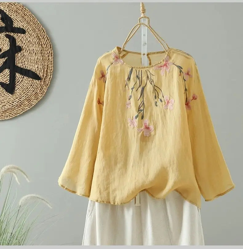 Women's Cotton Linen Embroidered Top – Summer Loose Fit T-Shirt with 3/4 Sleeves