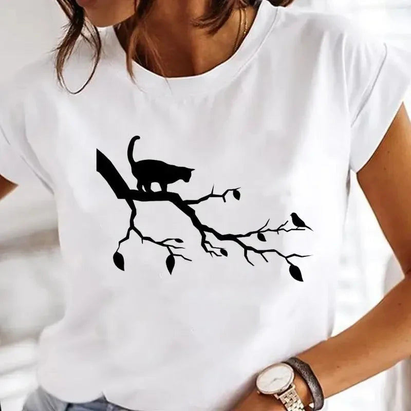 Women's White Black Cat Print Short Sleeve T-Shirt