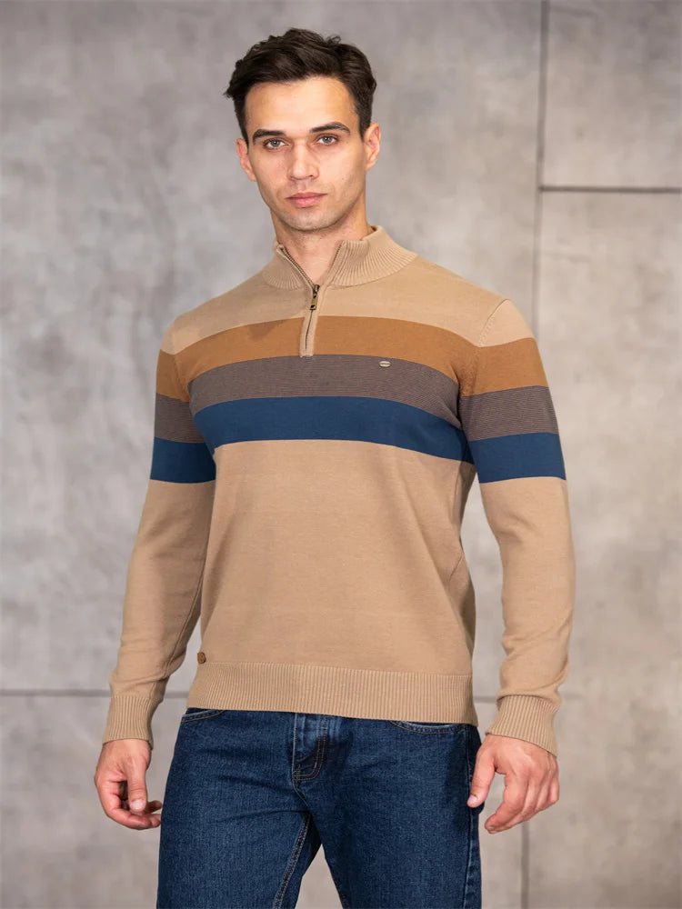 Men’s Patchwork Pullover Sweater – Cotton Mock Neck with Zipper