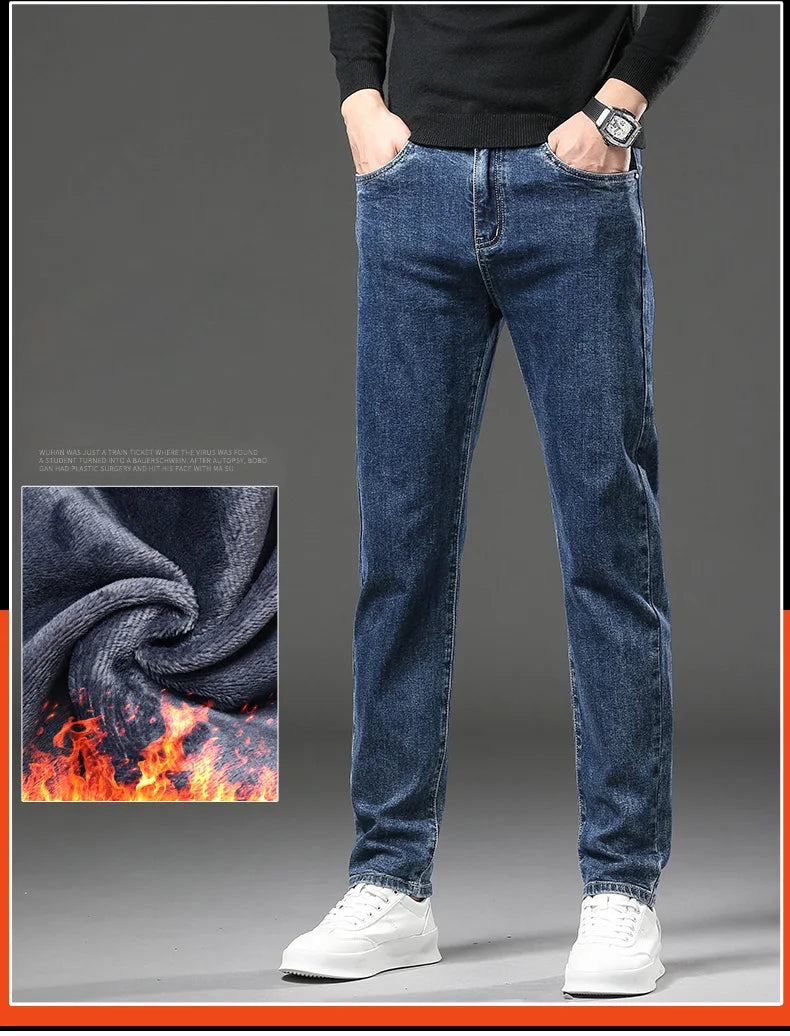 Men’s Winter Fleece-Lined Jeans – Thick Warm Slim Straight Elastic Denim Pants