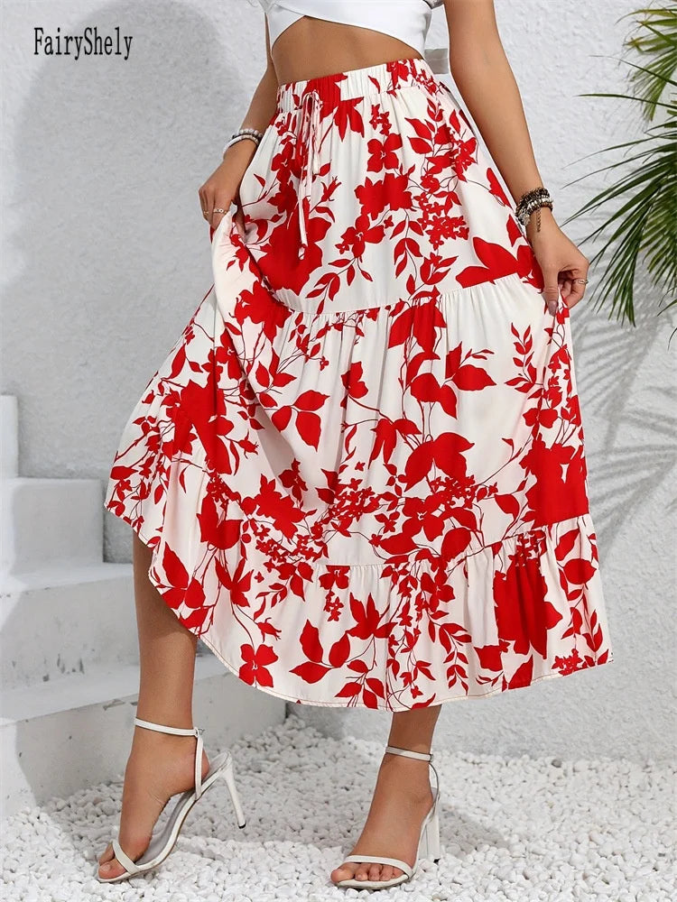 Fairyshely Red Leaf Print High Waist Midi Skirt for Women