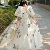 Women’s Vintage Print Dress – V-Neck Cotton Linen Short Sleeve Dress
