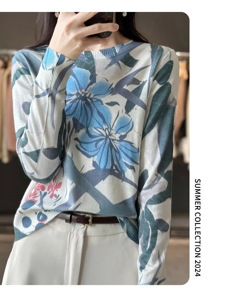 Women’s Wool & Silk Printed Sweater – Loose Fit Round Neck Knit Top