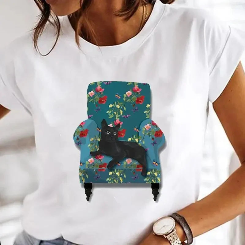 Women's White Black Cat Print Short Sleeve T-Shirt