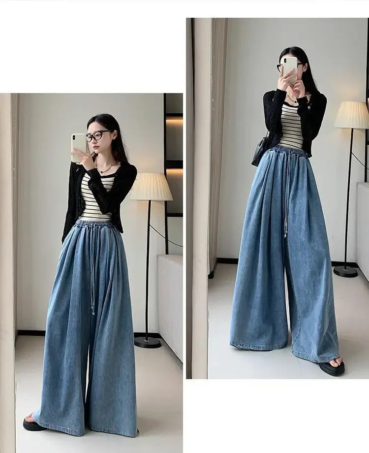 2024 Autumn Plus Size Wide-Leg Jeans – Loose-Fit Ground-Length Slimming Casual Pants for Women