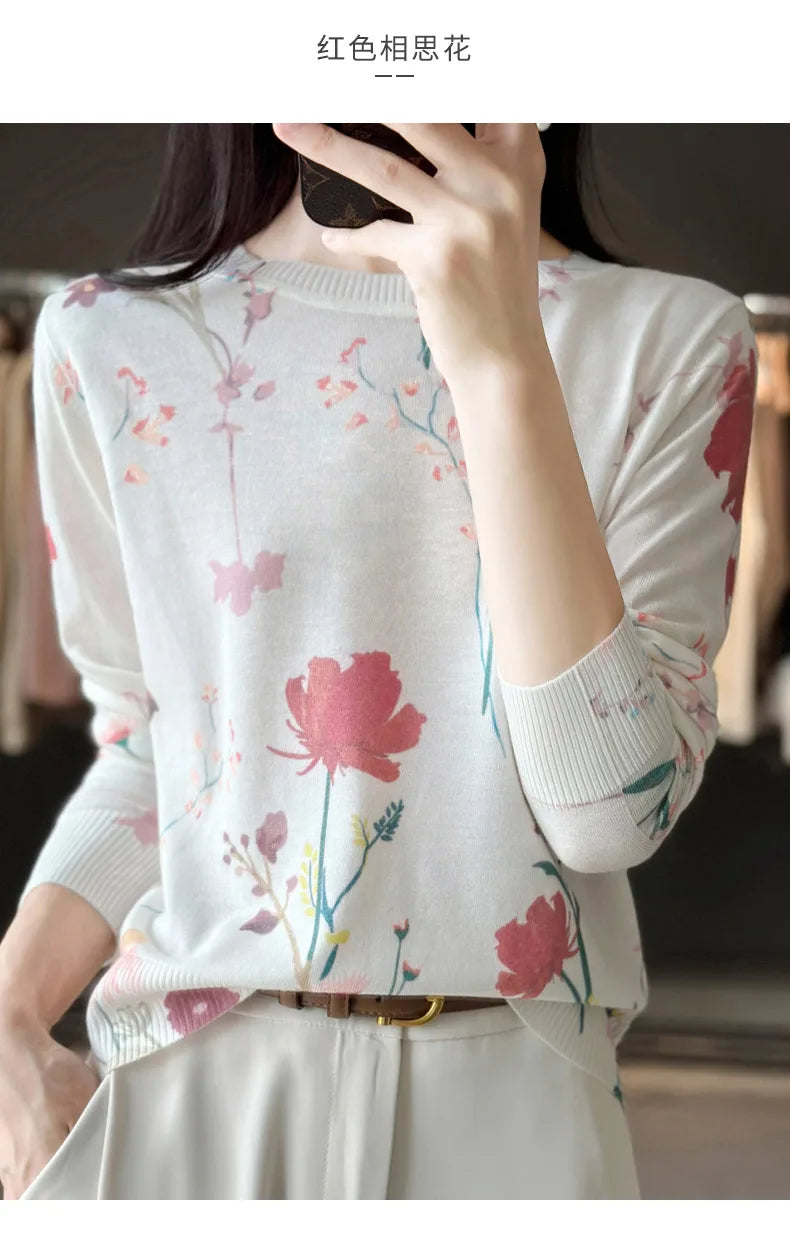 Women’s Wool & Silk Printed Sweater – Loose Fit Round Neck Knit Top