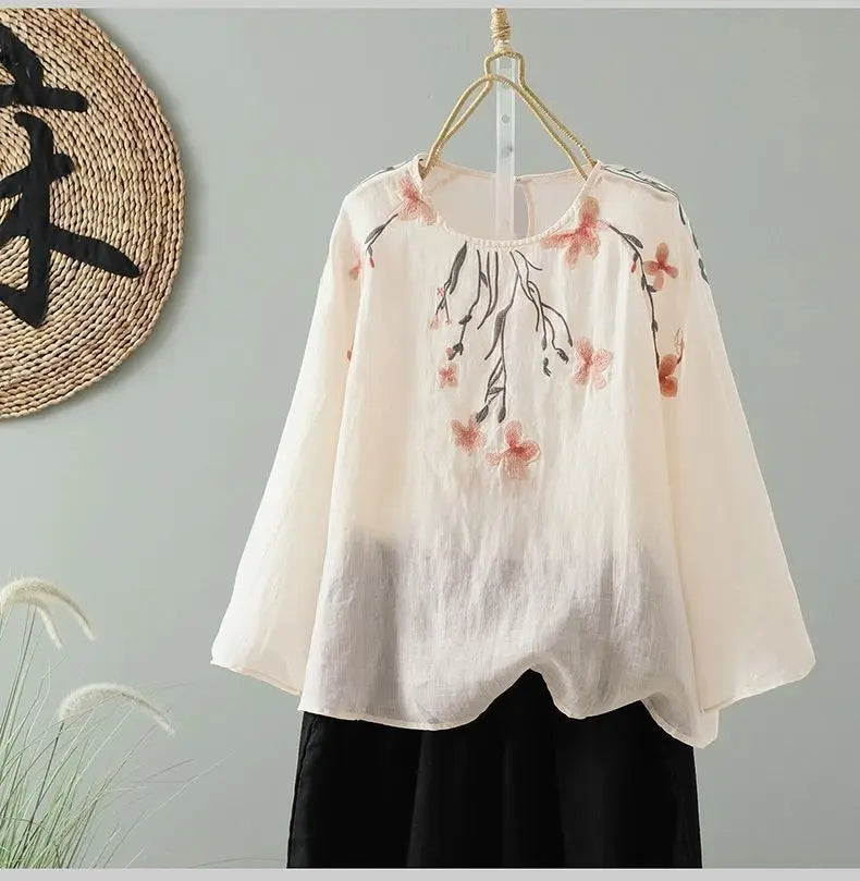 Women's Cotton Linen Embroidered Top – Summer Loose Fit T-Shirt with 3/4 Sleeves