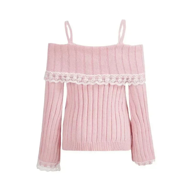 Women’s Off-Shoulder Pink Knit Sweater