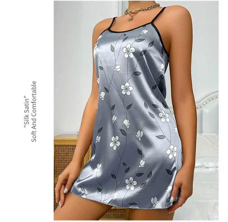 Floral Satin Sleeveless Nightgown for Women