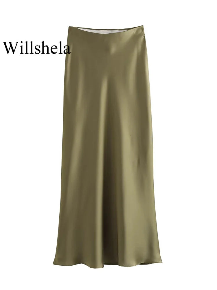 Willshela 2024 Black Satin Midi Skirt – High Waist Elegant Long Skirt for Women