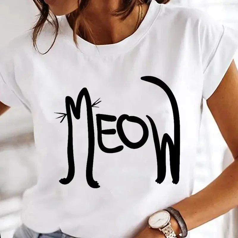 Women's White Black Cat Print Short Sleeve T-Shirt