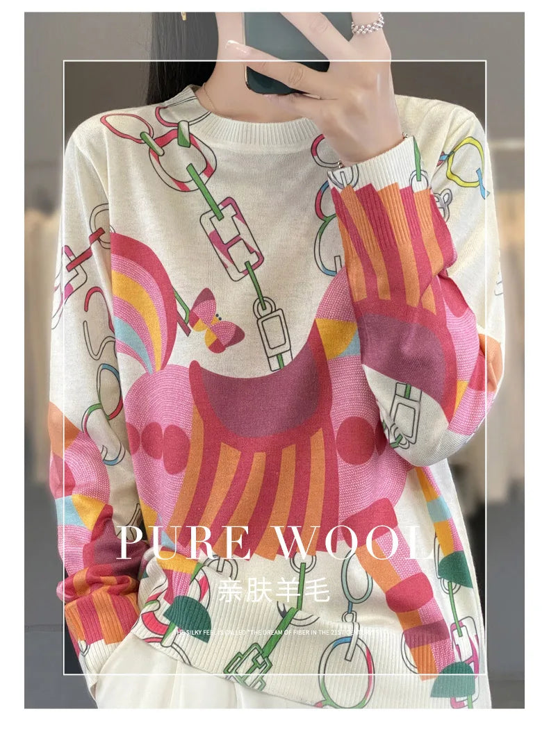 Women’s Wool & Silk Printed Sweater – Loose Fit Round Neck Knit Top