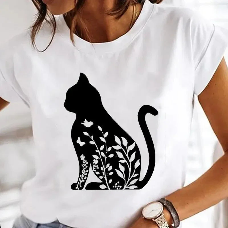 Women's White Black Cat Print Short Sleeve T-Shirt