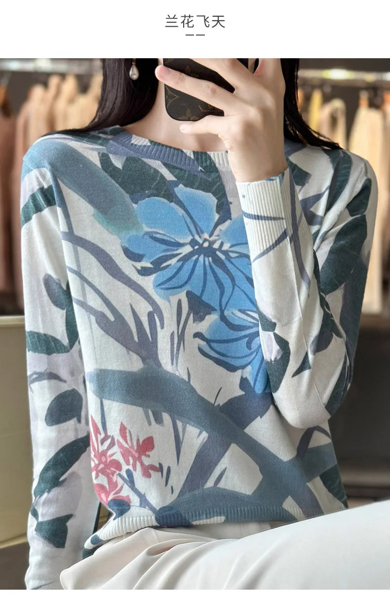 Women’s Wool & Silk Printed Sweater – Loose Fit Round Neck Knit Top