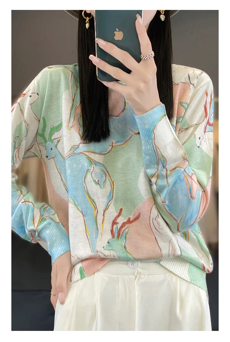 Women’s Wool & Silk Printed Sweater – Loose Fit Round Neck Knit Top