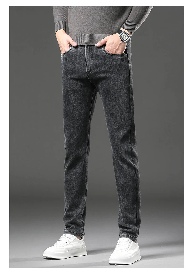 Men’s Winter Fleece-Lined Jeans – Thick Warm Slim Straight Elastic Denim Pants