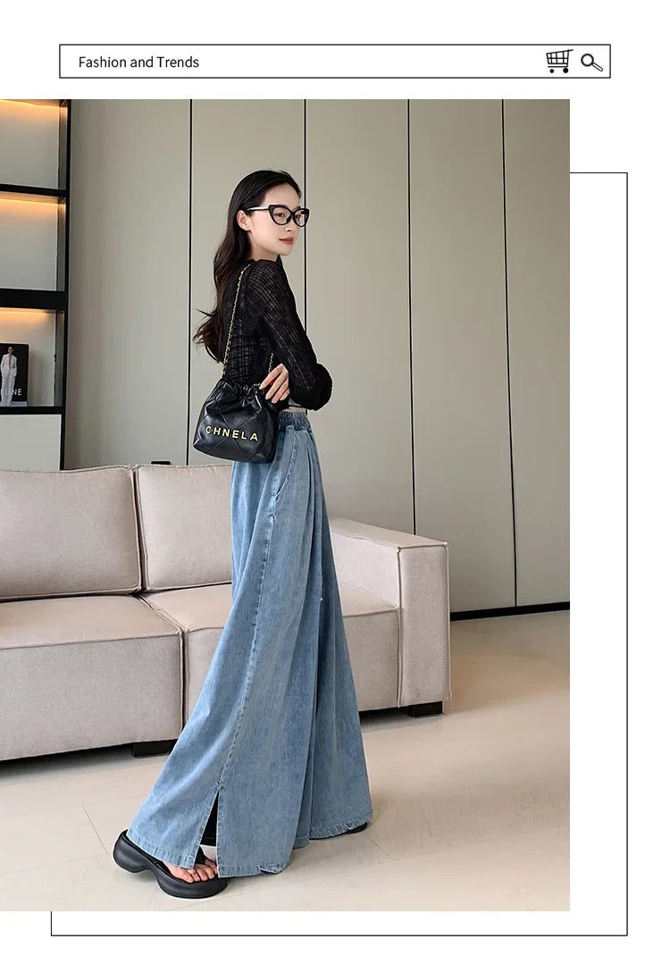 2024 Autumn Plus Size Wide-Leg Jeans – Loose-Fit Ground-Length Slimming Casual Pants for Women