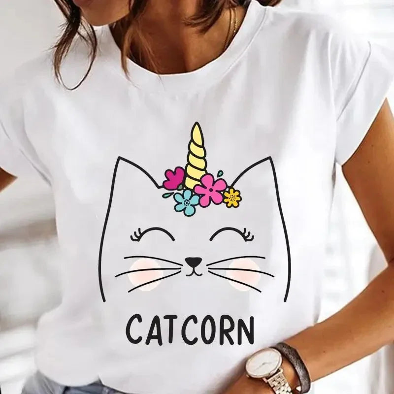 Women's White Black Cat Print Short Sleeve T-Shirt
