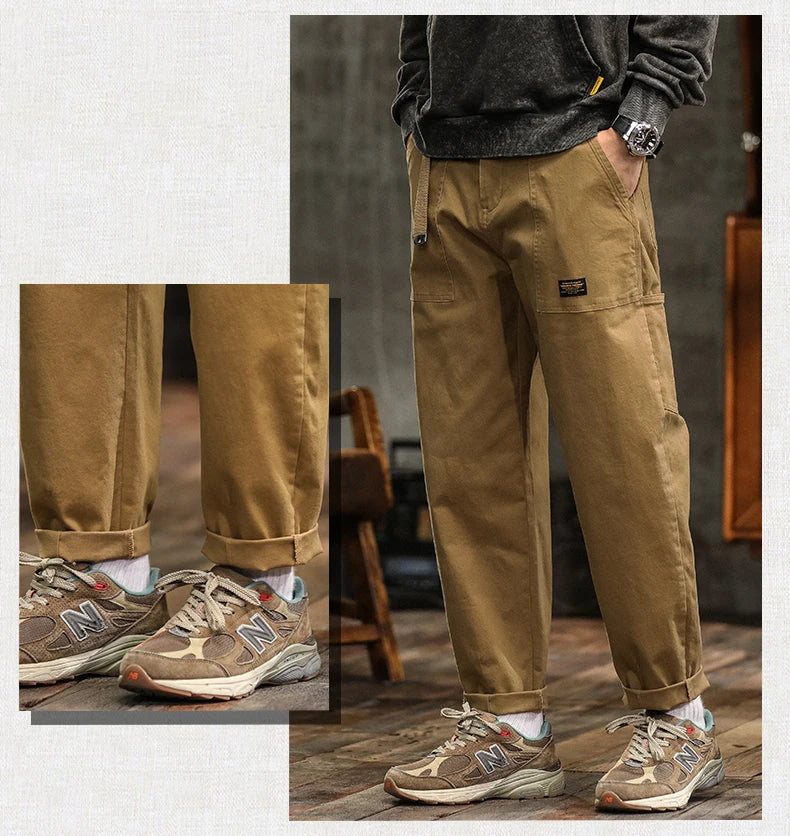 Men’s Cotton Cargo Pants – Loose Fit Mid-Waist Joggers with Belt