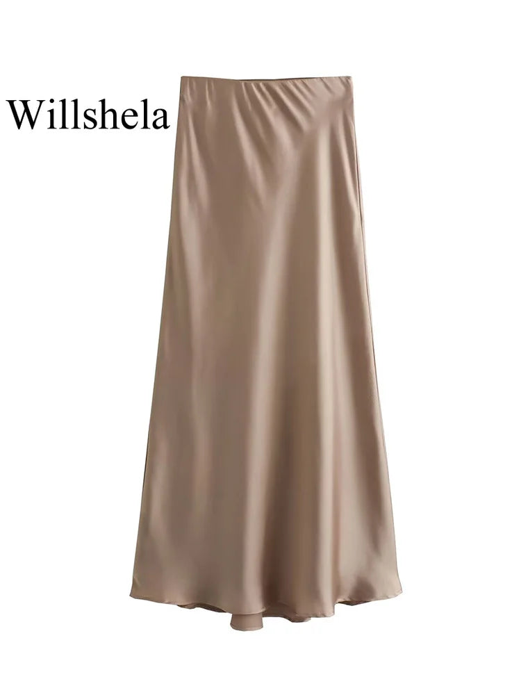 Willshela 2024 Black Satin Midi Skirt – High Waist Elegant Long Skirt for Women