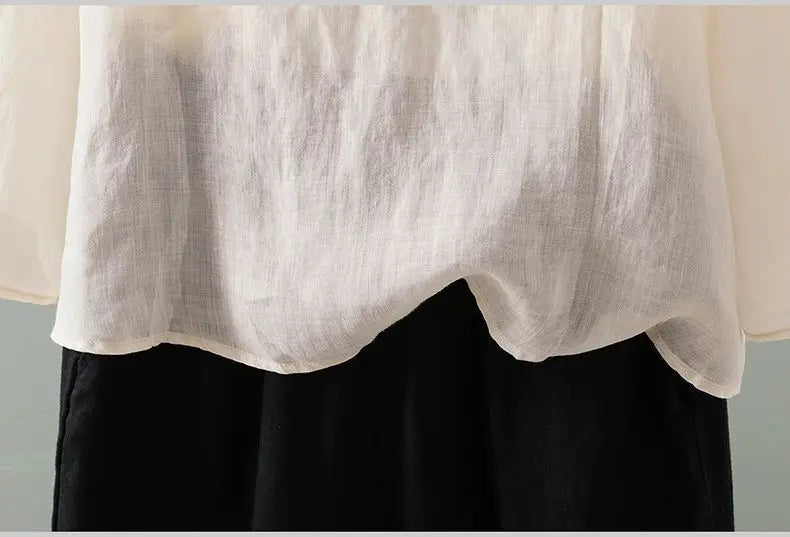 Women's Cotton Linen Embroidered Top – Summer Loose Fit T-Shirt with 3/4 Sleeves