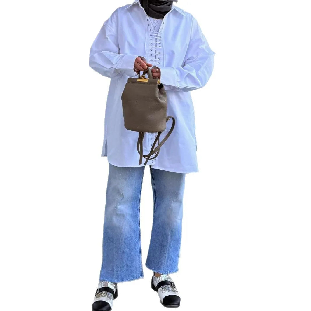 White Casual Loose Long Sleeve Shirt for Women